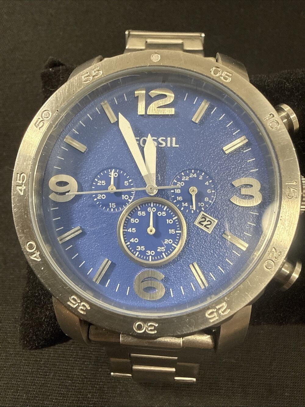 MEN FOSSIL JR-1445 New Battery 50mm Case 6.25” Band Blue Dial Chronograph (B31)